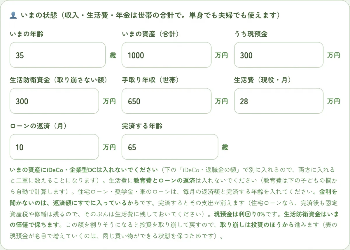 いまの状態の入力欄。年齢・資産・現預金・生活防衛資金・手取り年収・生活費・ローンの返済・完済する年齢